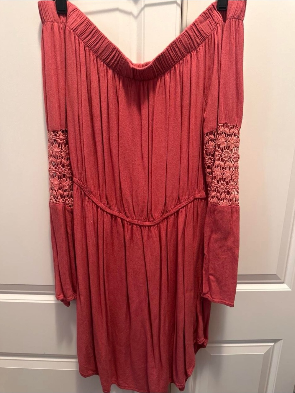 Wild Rose Off-Shoulder Long Sleeve Dress in Coral Pink